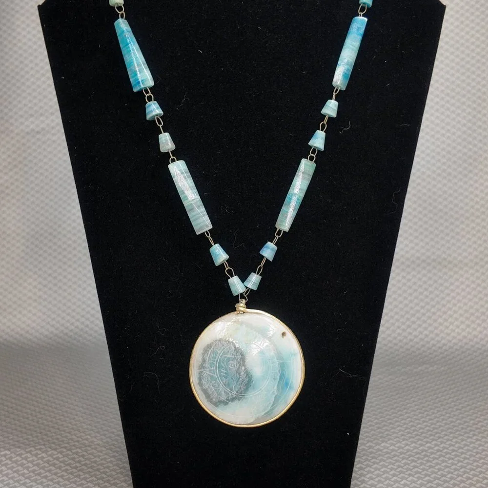 Carved AZTEC SunTurquoise Agate Stone Branded Pendant Necklace 15"L - Picture 11 of 11